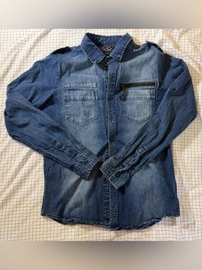 Rok - Premium Quality - Men's Dark Blue Denim Shirt Jacket with Zip Pocket